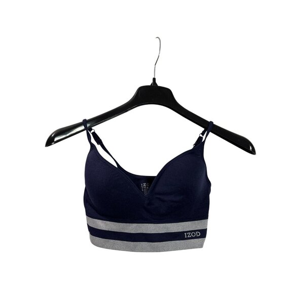 Izod Womens Navy Gray Striped Nylon Spandex Sports Bra Size L - Picture 1 of 4